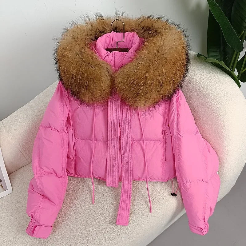 Pink Faux Fur Trim Winter Puffer Coat