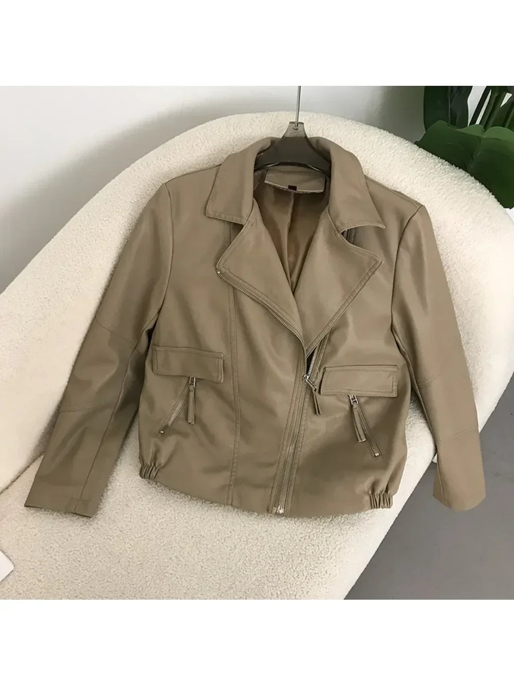 Sleek Tan Faux Leather Jacket With Zippers on Luulla
