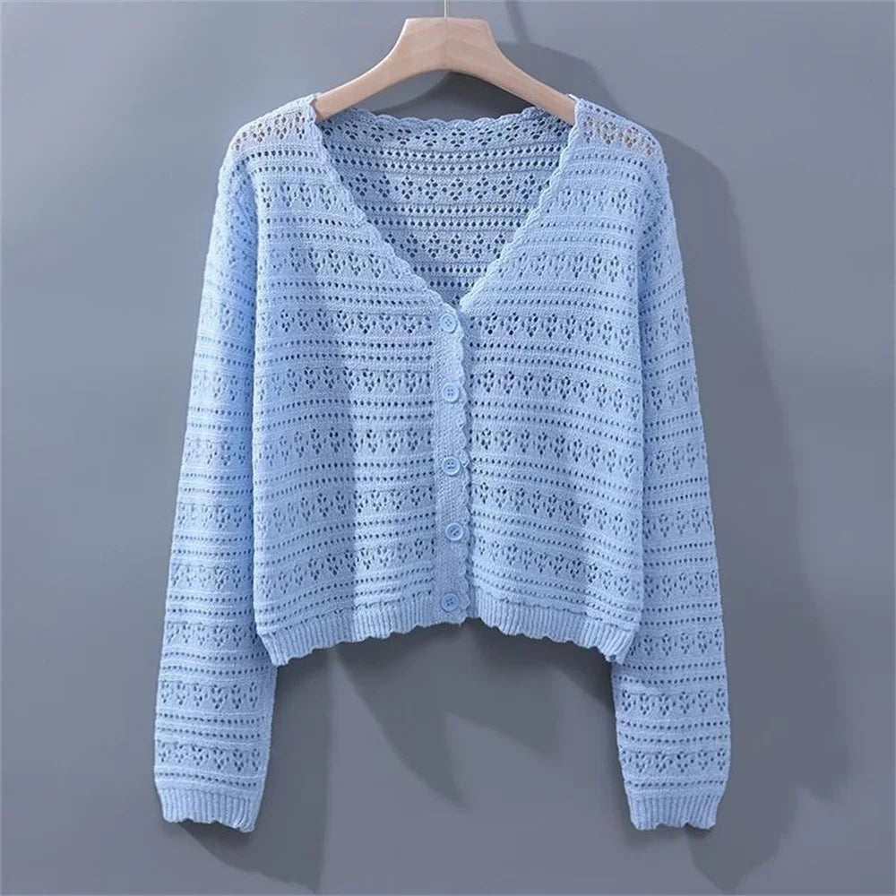 Casual Solid Hollowed Out Buckle With Belt Cardigan Collar Tops