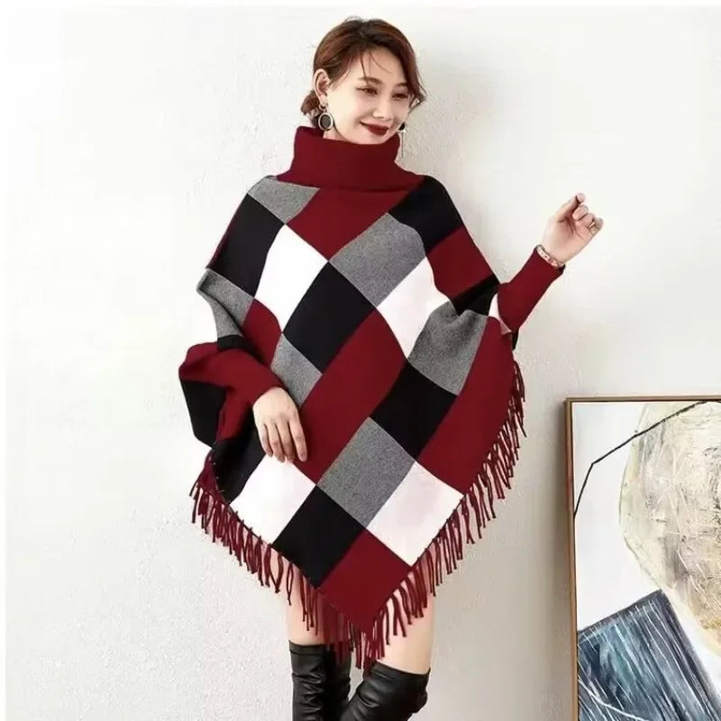 Turtleneck plaid poncho cheap
