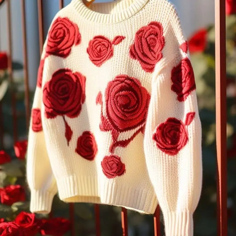 Cozy Knit Sweater With Red Rose Design on Luulla