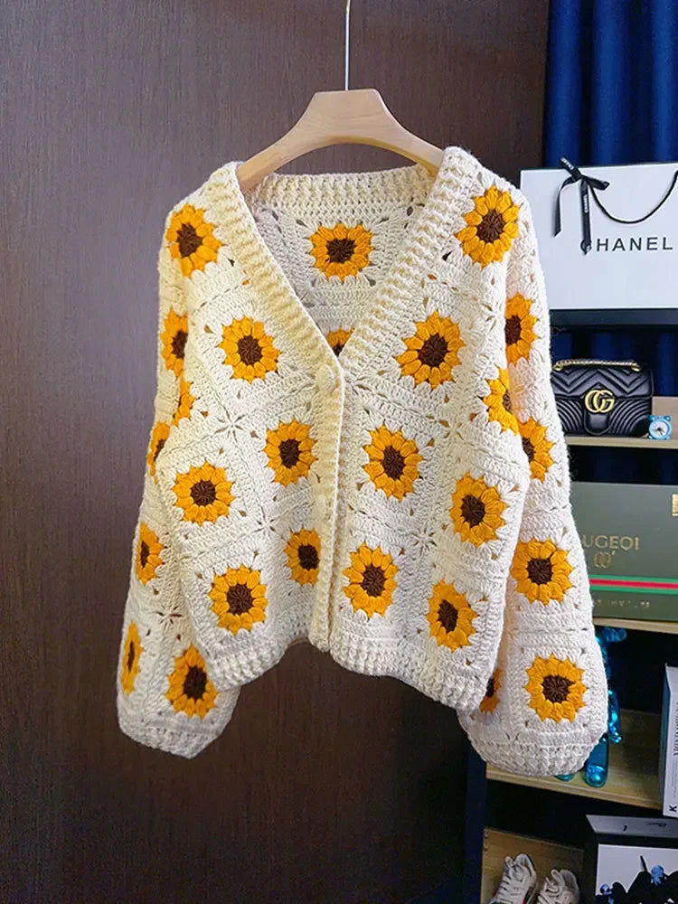 Cozy Sunflower Pattern Knit Cardigan Sweater on Luulla