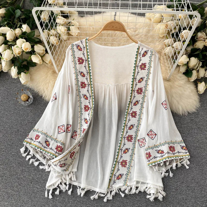 Floral Bohemian Tassel Kimono Cardigan With Embroidery on Luulla