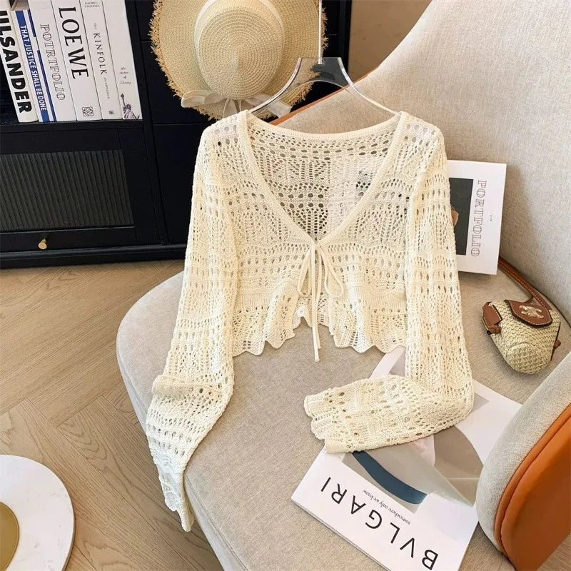 Lightweight Crochet Cardigan With Lace Tie
