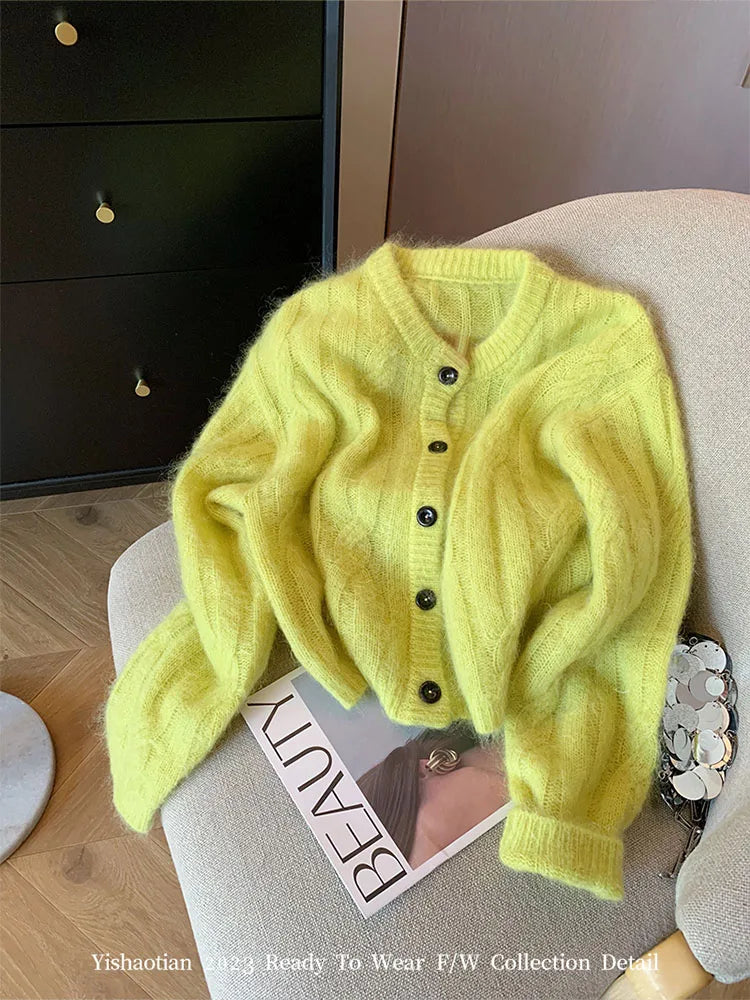 Cozy Yellow Fuzzy Cardigan With Black Buttons on Luulla