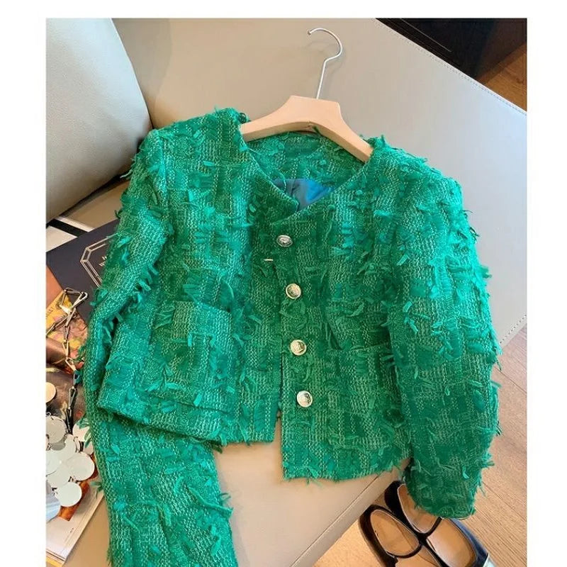 Chic Green Tweed Jacket With Textured Finish on Luulla