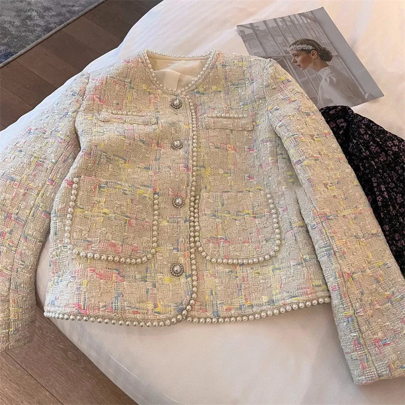 Pearl trimmed Pastel Tweed Jacket With Pockets