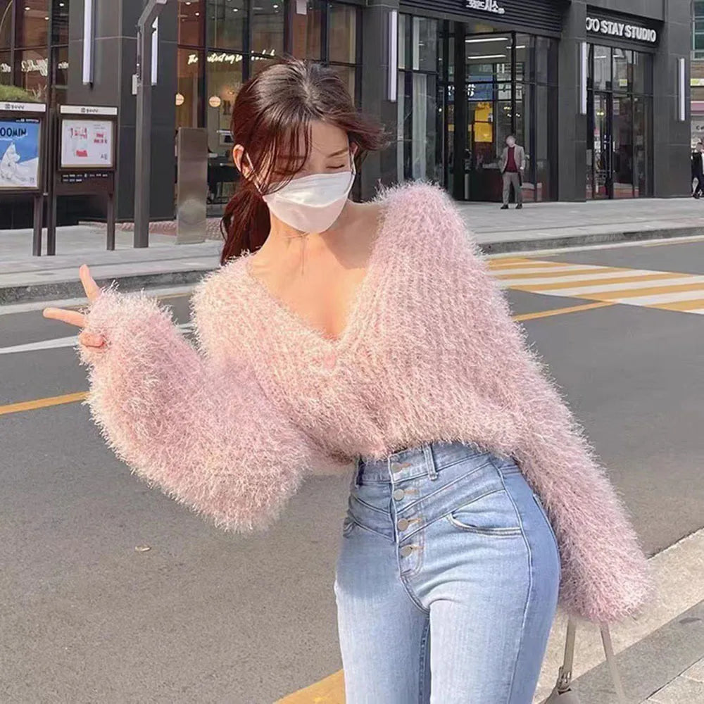 Sexy Plush Thickening V- neck Mohair Sweaters Sexy Plush Thickening V- neck Mohair Sweaters