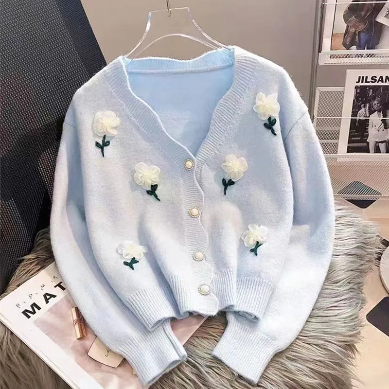 Cozy Blue Cardigan With Floral Appliqué Accents