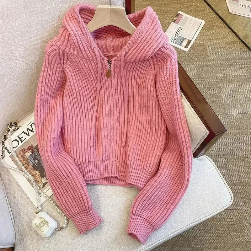 Cozy Pink Ribbed Knit Zipper Hoodie Sweater on Luulla