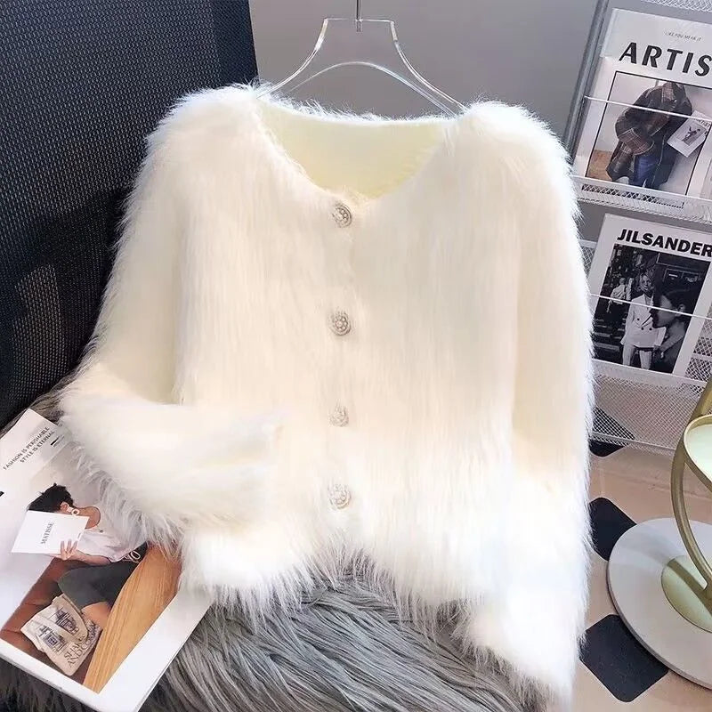 Stylegoing Cozy White Faux Fur Button Front Cardigan