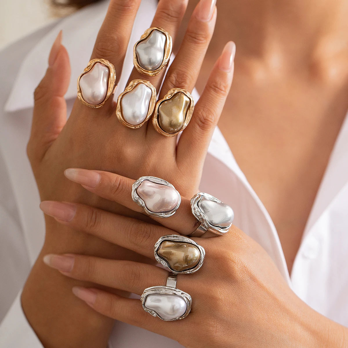 Unique Statement Rings With Irregular Pearl Design
