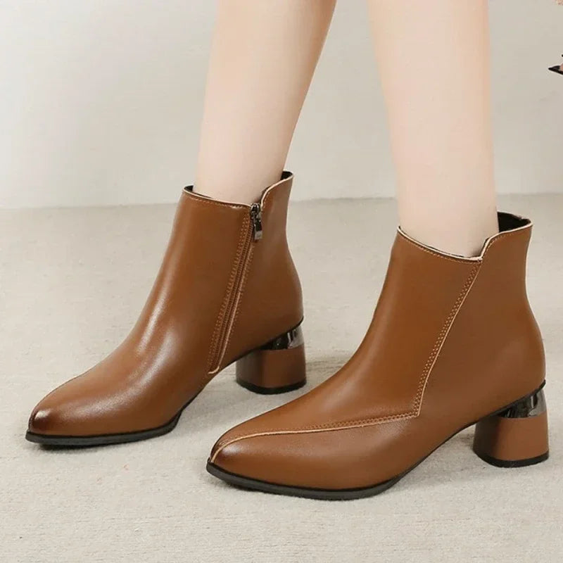 Womens Brown Ankle Boots, Zipper, Block Heel on Luulla