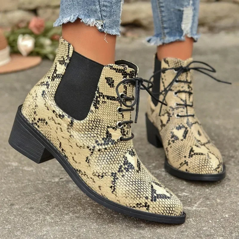 Snakeskin Pattern Lace-up Chunky Heel Ankle Boots on Luulla