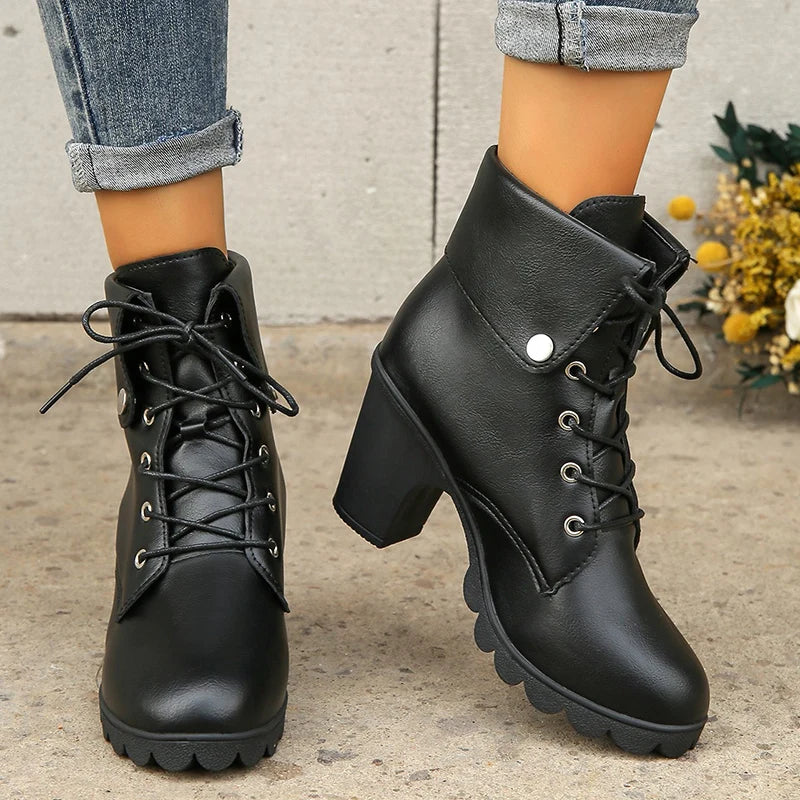Black Lace-up Chunky Heel Ankle Boots on Luulla
