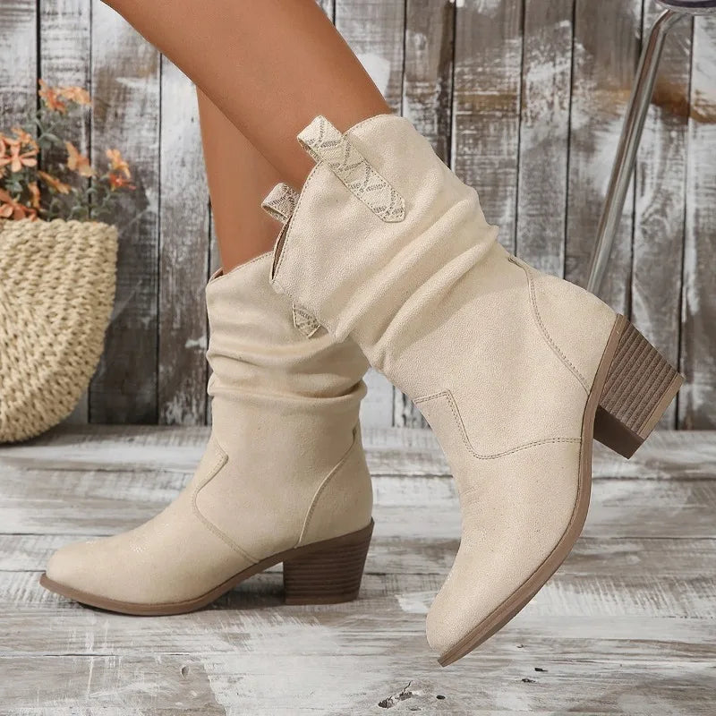 Womens Beige Mid-calf Boots With Chunky Heel on Luulla
