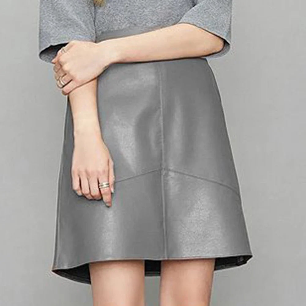 Womens Grey Faux Leather A-Line Skirt