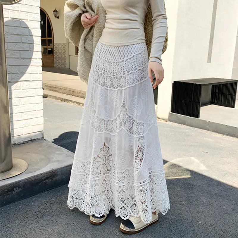 White Lace Long Skirt With Layered Detailing on Luulla