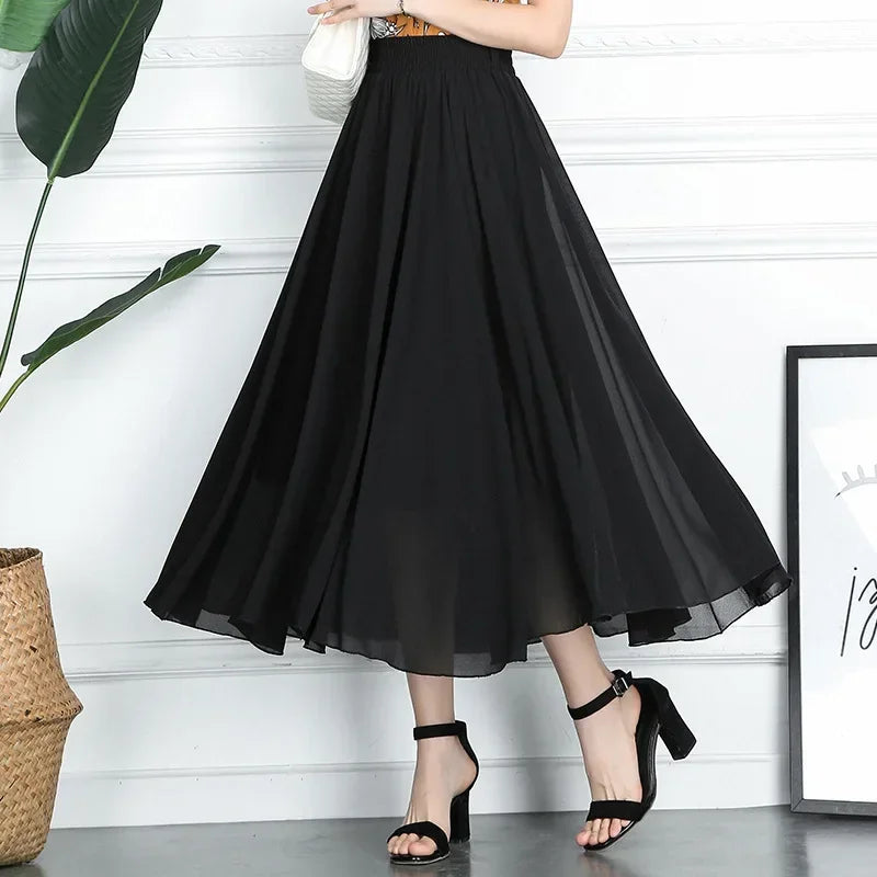 Black Chiffon Maxi Skirt With Elastic Waistband