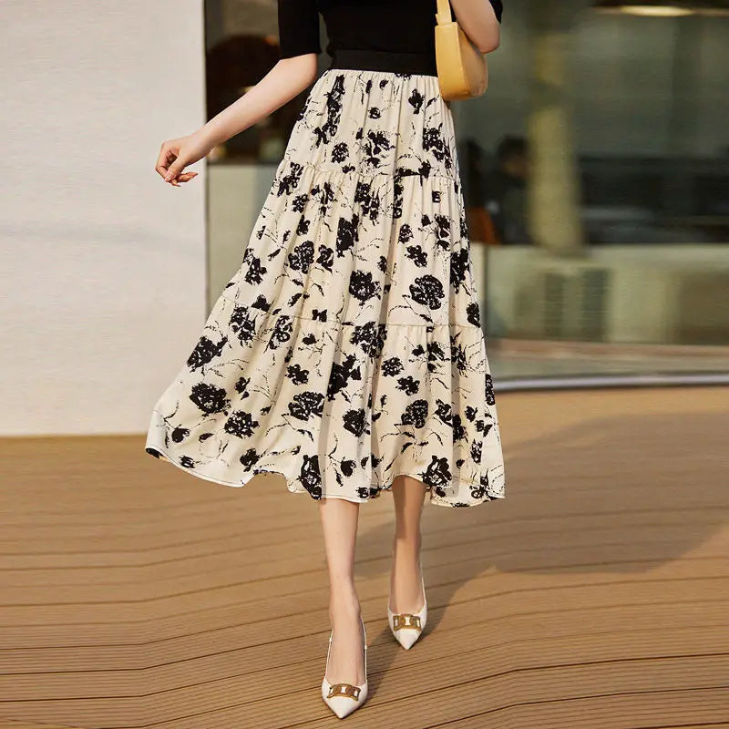 Floral Print Midi Skirt With Elastic Waistband