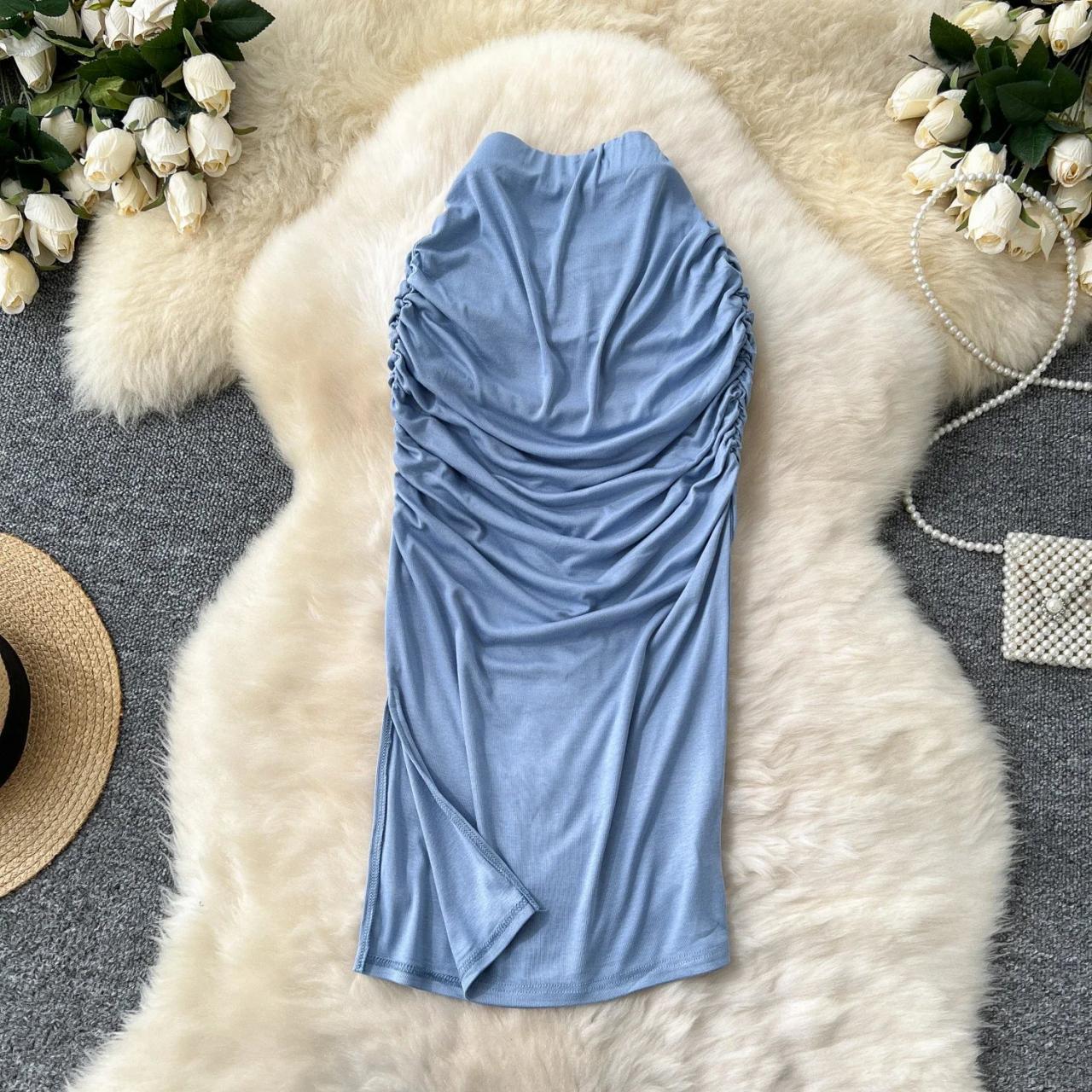 Ruched Sky Blue Sleeveless Bodycon Midi Dress