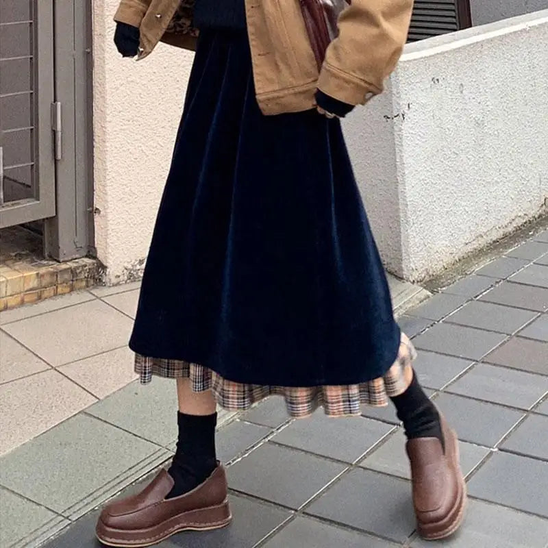 Vintage Plaid Velvet Midi Skirt With Hem Layer