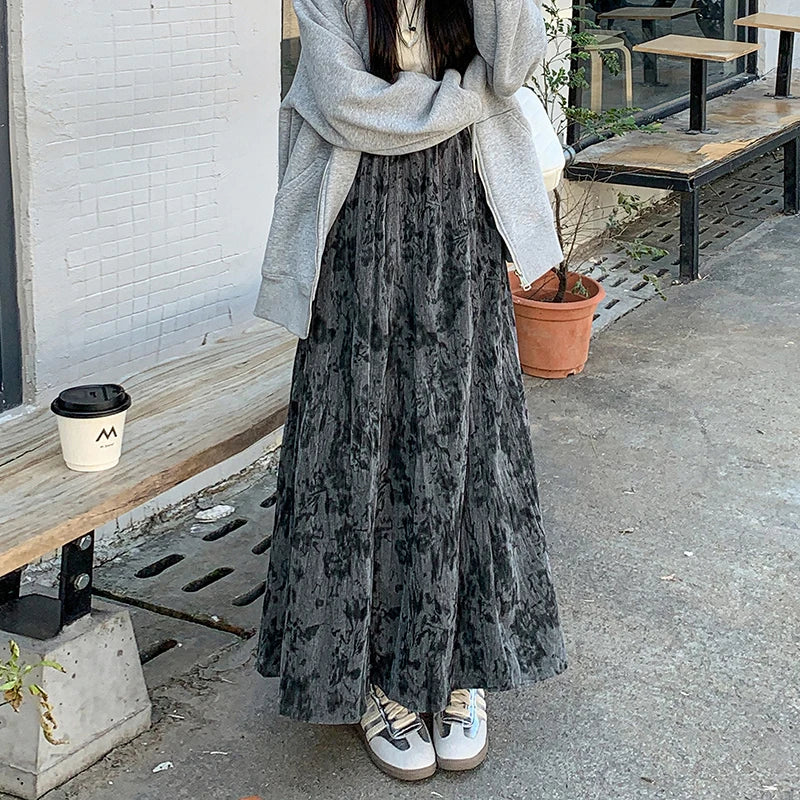 Vintage Floral Pattern Grey Maxi Skirt Fashion