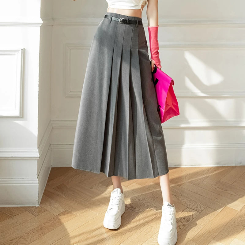High-waist Gray Pleated Midi Skirt With Belt on Luulla