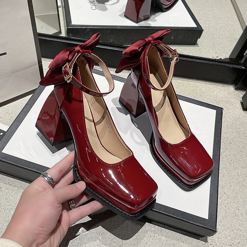 Burgundy Patent Leather Block Heel Ankle Straps