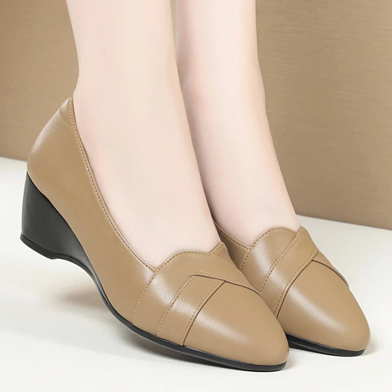 Womens Beige Leather Low Wedge Office Shoes on Luulla
