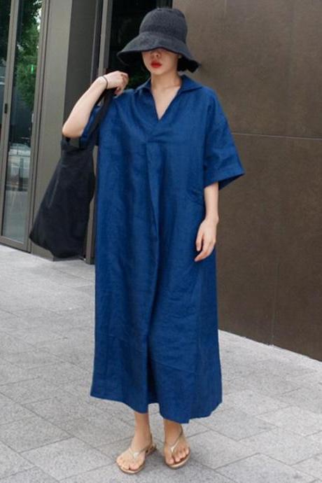 Casual Linen Cozy Long Blue Dresses