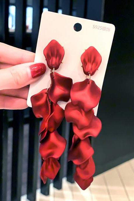 Red Rose Petals Tassels Earrings For Women