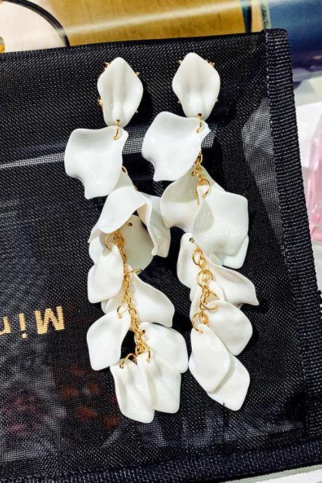 White Rose Petals Tassels Earrings For Women
