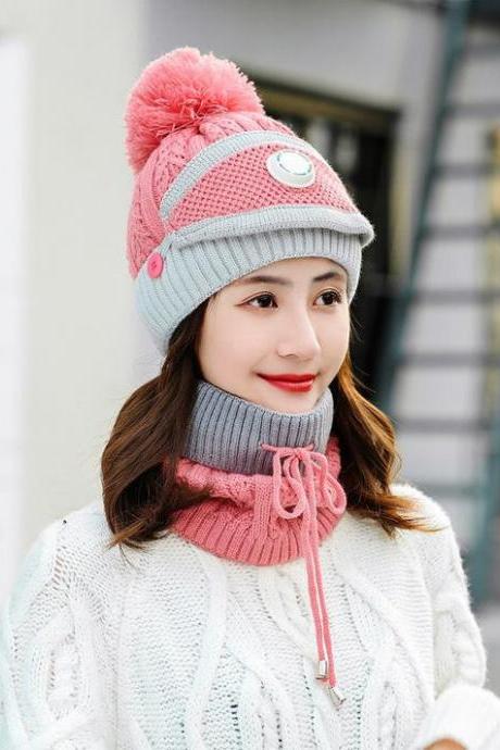 Winter Fleece Liner Outdoor Pink Knitted Hats&scarfs 3pcs/set For Women