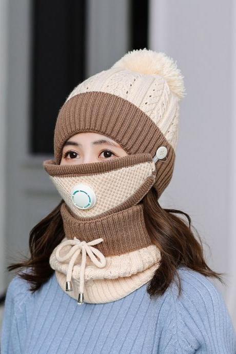 Winter Fleece Liner Outdoor Knitted Ivory Hats&amp;amp;scarfs 3pcs/set For Women