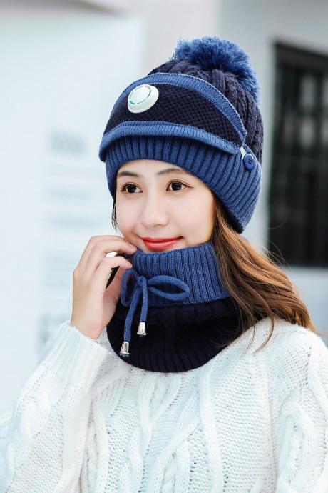Winter Fleece Liner Outdoor Knitted Navy Blue Hats&amp;amp;scarfs 3pcs/set For Women