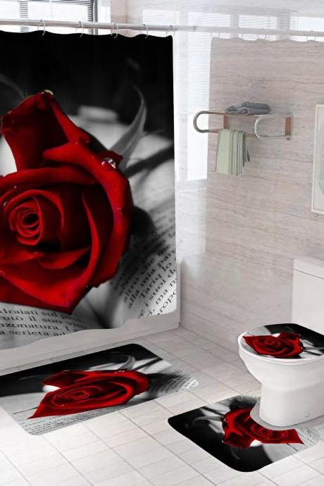 Rose Red Valentine's Day Bathroom Shower Curtain Sets With Rugs