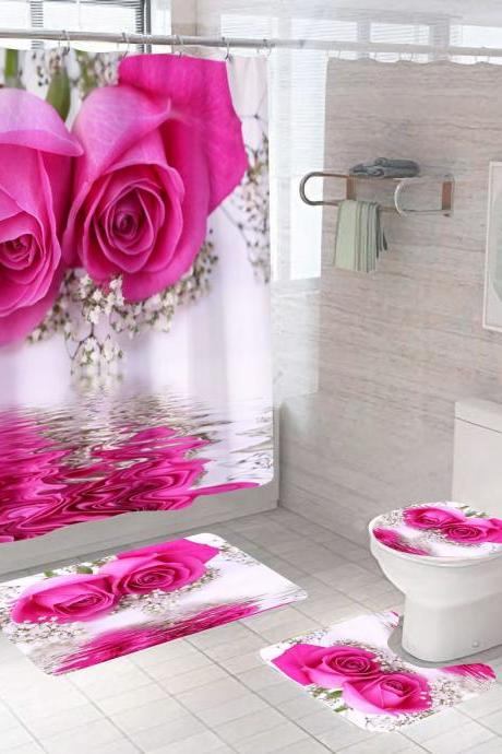 Pink Rose Valentine's Day Bathroom Shower Curtain Sets With Rugs