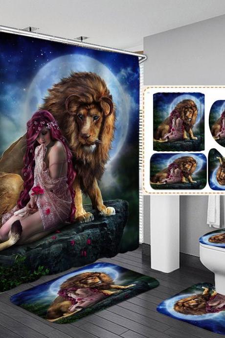 3d Lion & Beauty Design Shower Curtain Bathroom Sets Non-slip Toilet Lid Cover