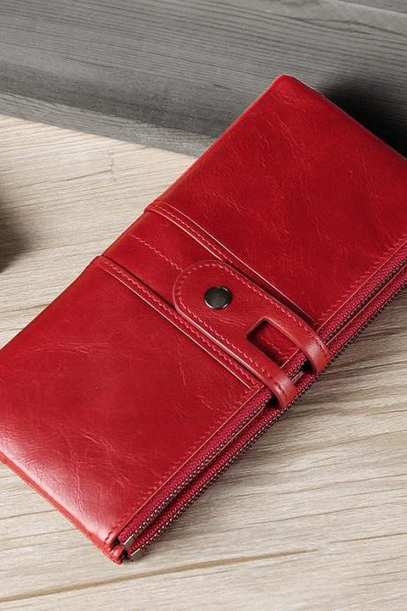 Cowhide Double Zipper Red Leather Wallets For Women