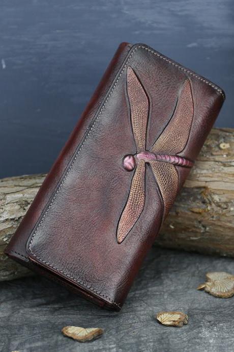 Handmade Dragonfly Engraved Leather Women Purses