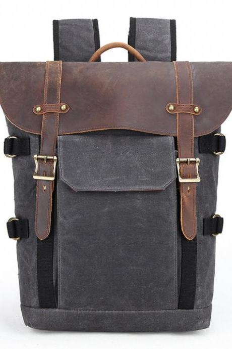 Vintage Dark Gray Waxed Canvas Leather SLR Camera Backpack
