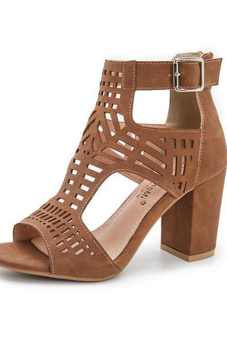Summer Pu Leather Brown Chunky Heels Sandals For Women