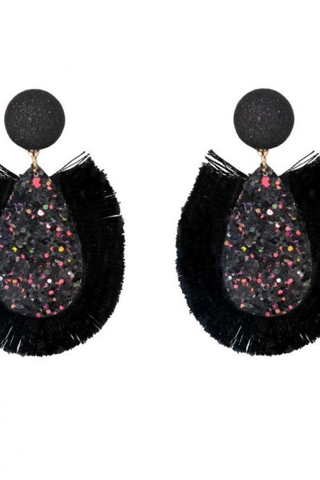 Fashion Water Drop Shaped Tassels Black Earrings For Women