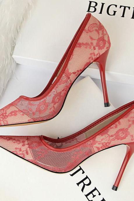 Sexy Red Tulle Lace Pointed Toe Summer Stiletto Heels
