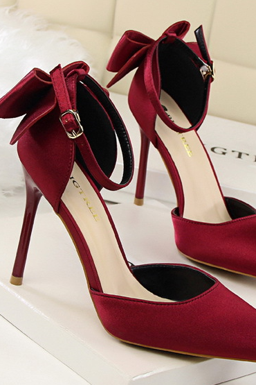 Sweet Bow Knot Pointed Tote Wine Red Stiletto Heels Sandals