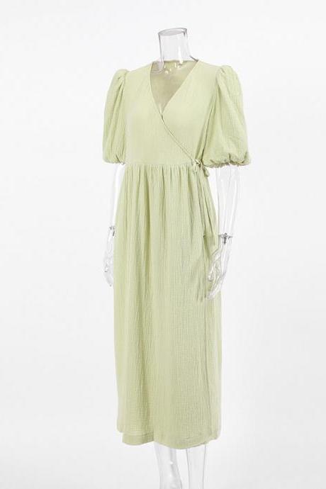 Elegant Cotton Summer Short Sleeves Light Green Midi Dresses