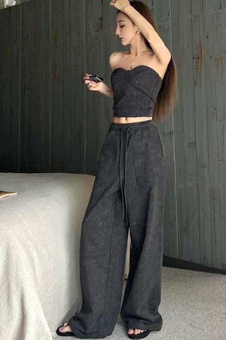 Fashion Gray Strapless Tops And Wide Legs Pants