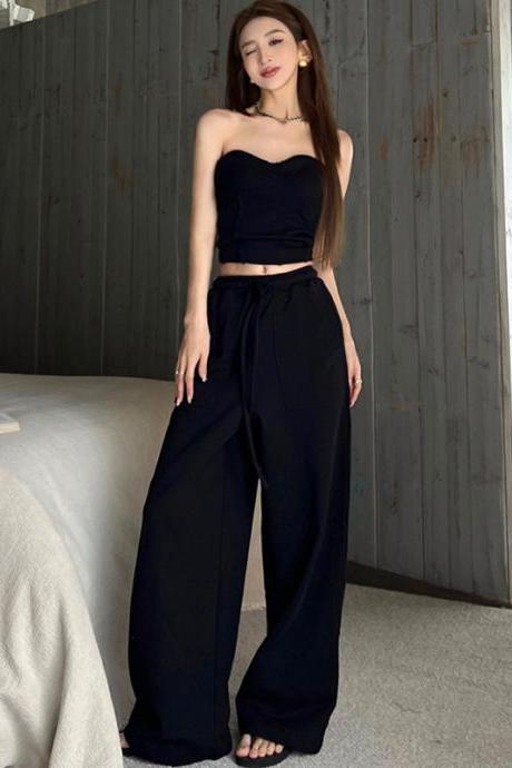Fashion Black Strapless Tops And Wide Legs Pants