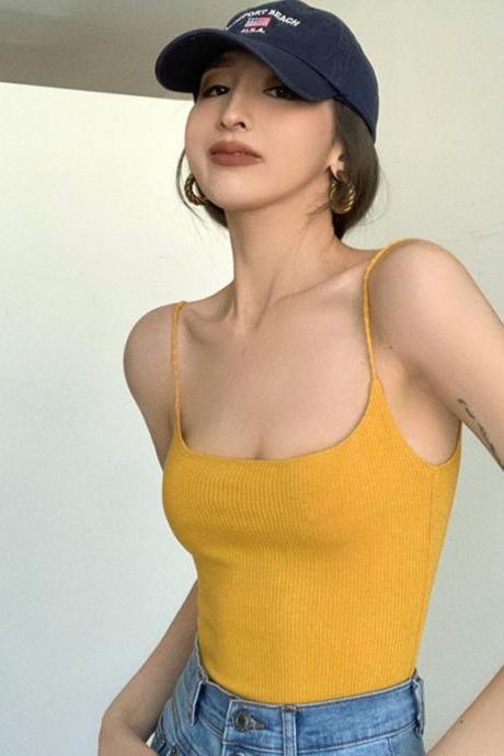 Sexy Knitted Spaghetti Strap Yellow Crop Tops